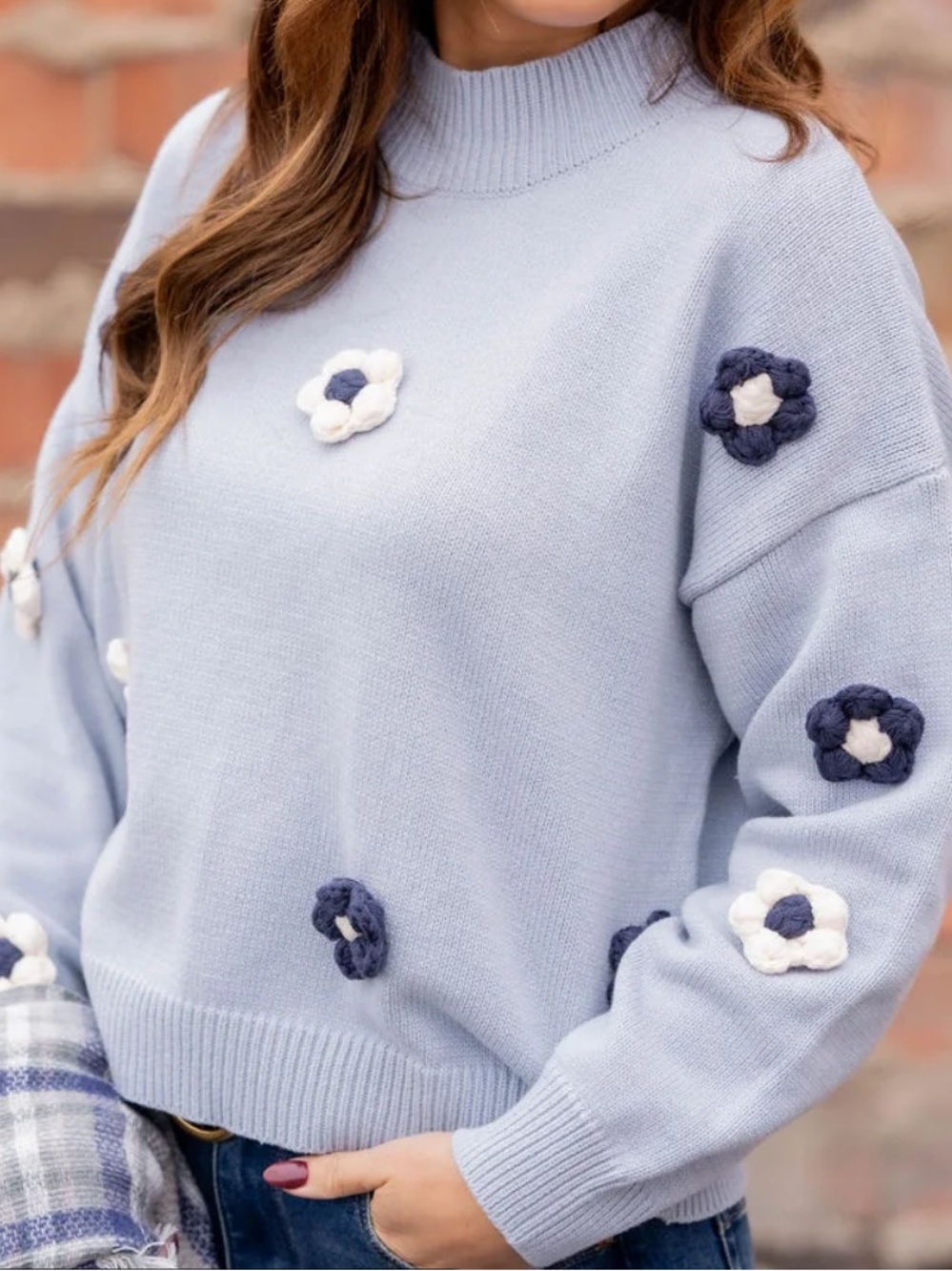Gilli 3D Crochet Flower Applique Mock Neck Sweater blue white Wmns S